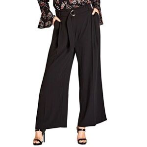 NWT City Chic Tonal Stripe Belted Wide Leg Black Trouser Pants